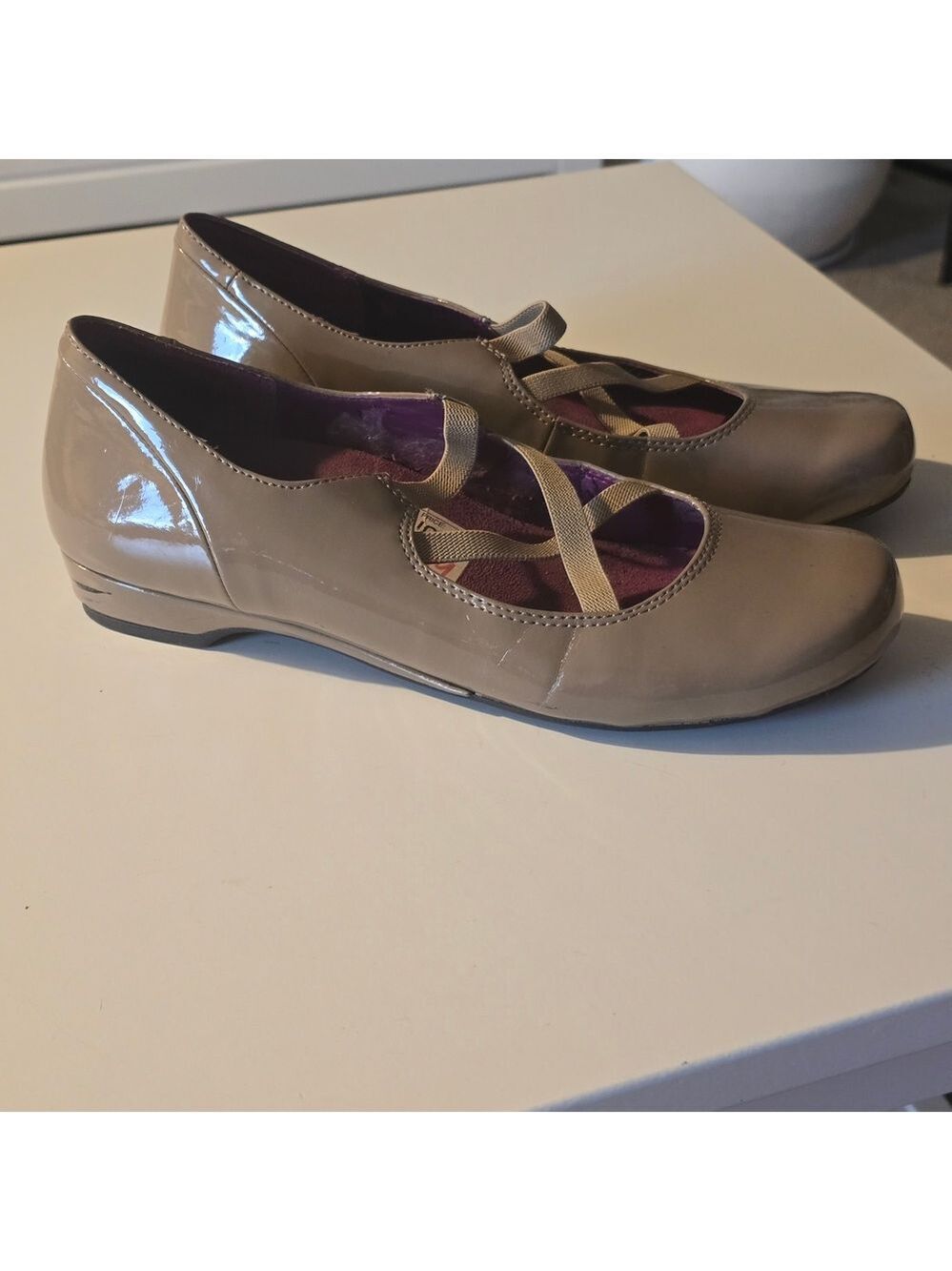 Vionic Taupe Patent Leather Mary Jane Flats with Elastic Straps